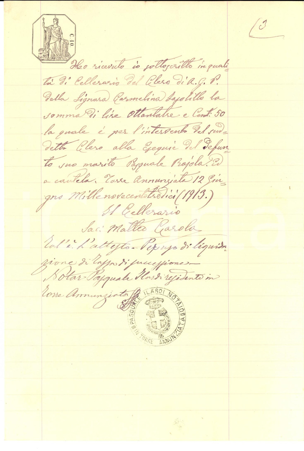 Documento originale, autentico 1913 TORRE ANNUNZIATA NA Spese don Matteo CAROLA per funerali Pasquale RAJOLA 1
