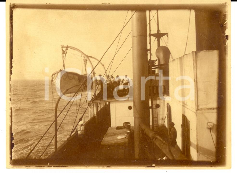 Fotografia d epoca originale 1920 ca LLOYD ROYAL BELGE Manovre alle scialuppe su nave OLYMPIER VINTAGE photo 1