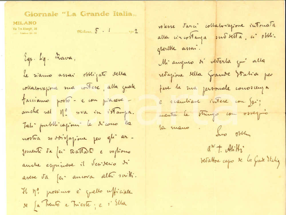 Autografo originale 1912 MILANO LA GRANDE ITALIA Redattore capo ALITTI a Massimo RAVA Autografo 1