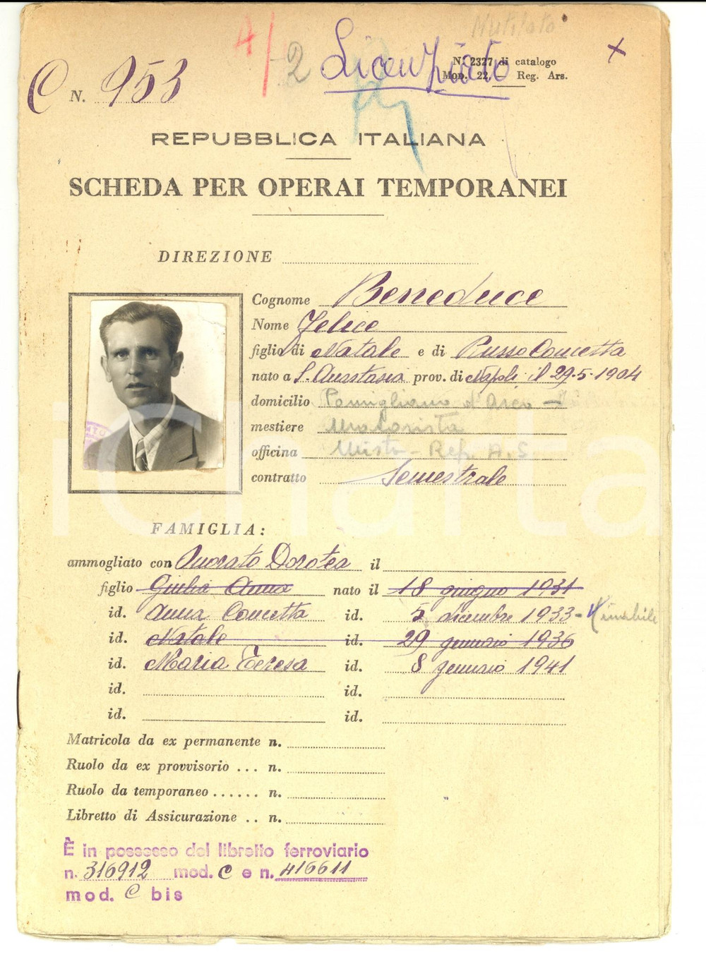 Documento originale, autentico 1947 WW2 SANT ANASTASIA NA Scheda operaio temporaneo Felice BENEDUCE malorista 1