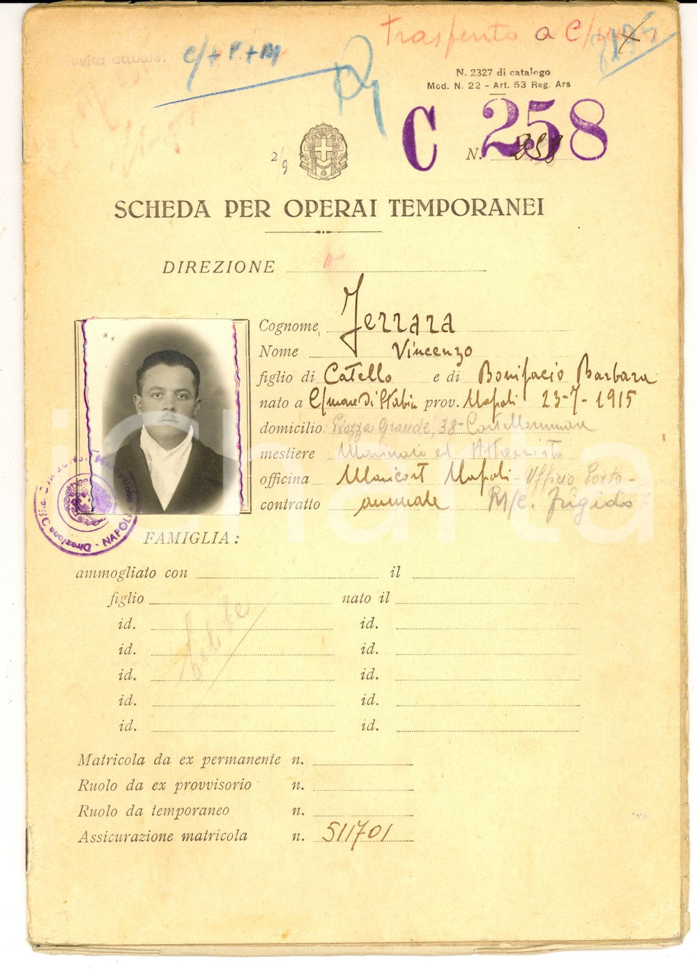 Documento originale, autentico 1940 CASTELLAMMARE DI STABIA NA Scheda Vincenzo FERRARA marinaio MARICOST 1