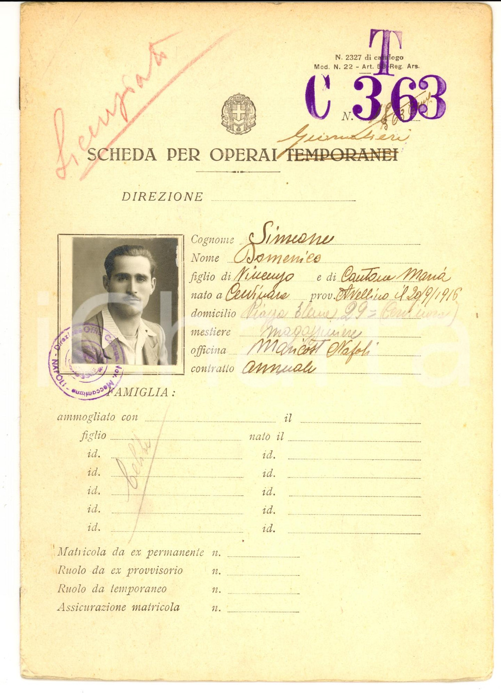 Documento originale, autentico 1942 CERVINARA AV Scheda operaio temporaneo Domenico SIMEONE a MARICOST NAPOLI 1
