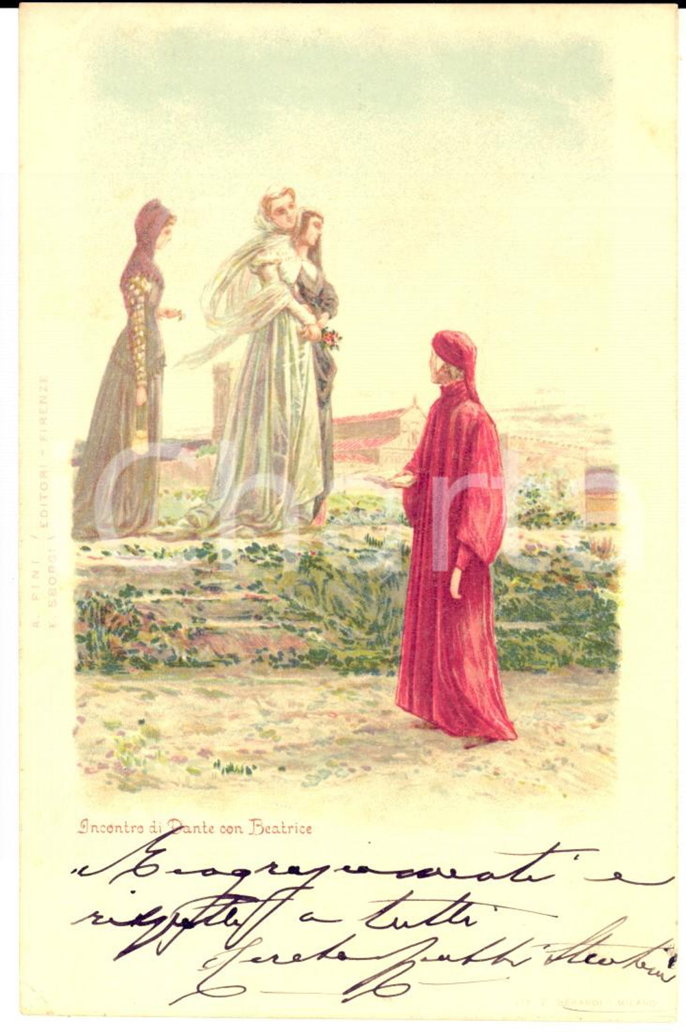 Autografo originale 1904 VICENZA Incontro di Dante e Beatrice Cartolina a Rita FOGAZZARO VALMARANA 1