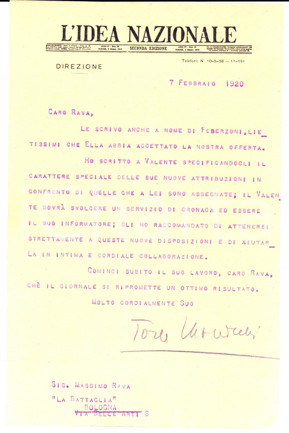 Autografo originale 1920 ROMA L IDEA NAZIONALE Lettera Tomaso MONICELLI a Massimo RAVA Autografo 1