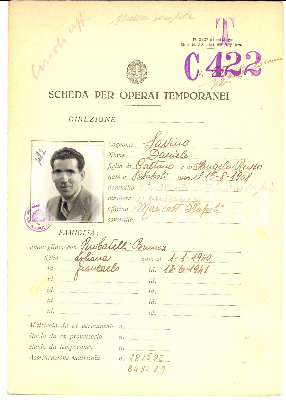 Documento originale, autentico 1942 WW2 NAPOLI Scheda operaio temporaneo MARICOST Daniele SAVINO 1