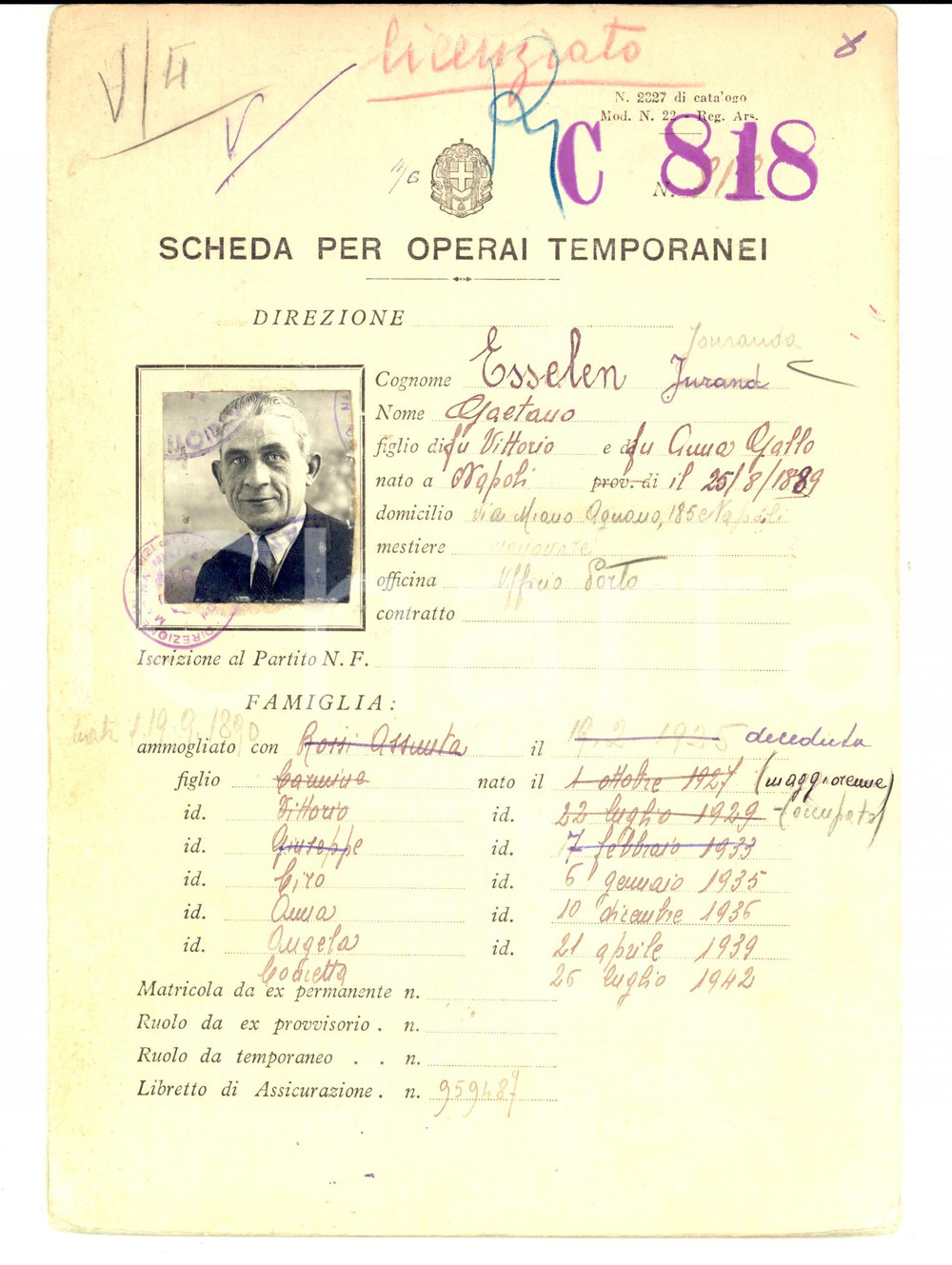 Documento originale, autentico 1945 NAPOLI Scheda operaio temporaneo Gaetano ESSELEN IOURANO Ufficio Porto 1