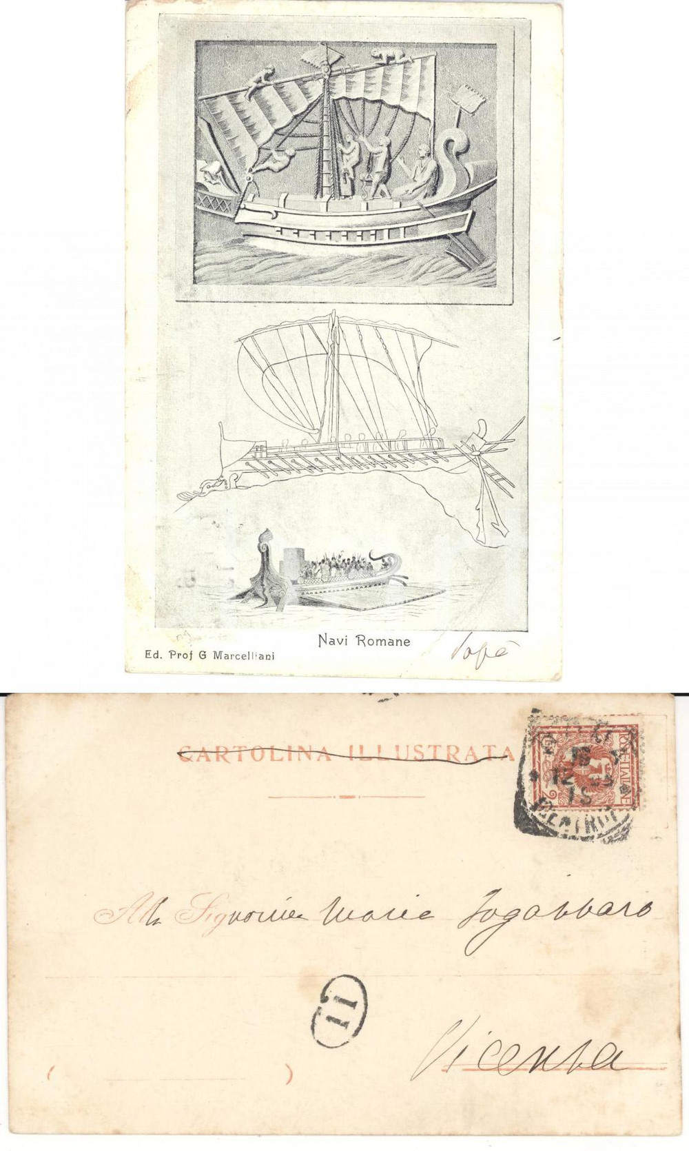 Autografo originale 1909 ROMA Cartolina ANTONIO FOGAZZARO a figlia Maria  Navi romane AUTOGRAFO 1