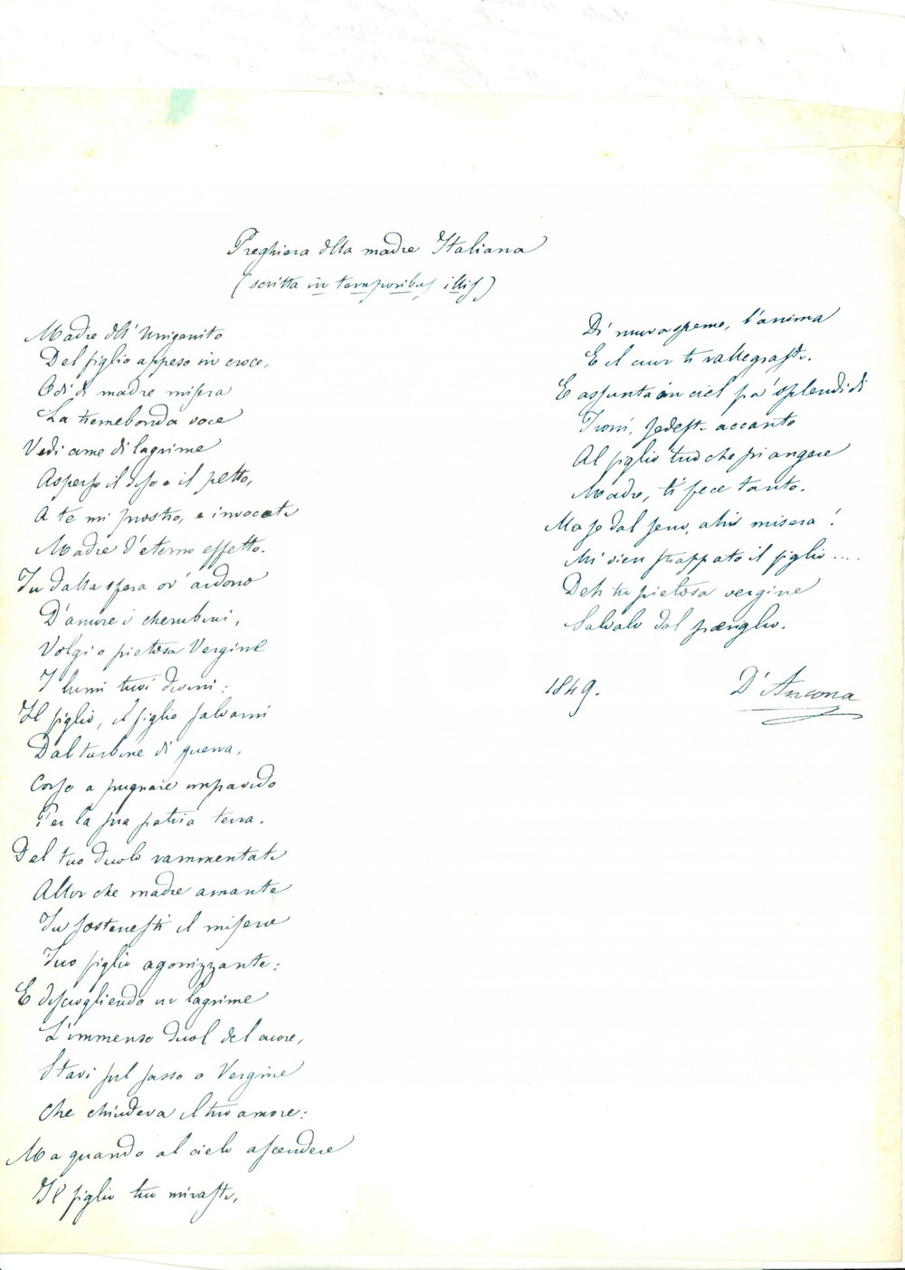 Autografo originale 1849 PISA Preghiera della madre Italiana Autografo D ANCONA Leggere attentamente 1