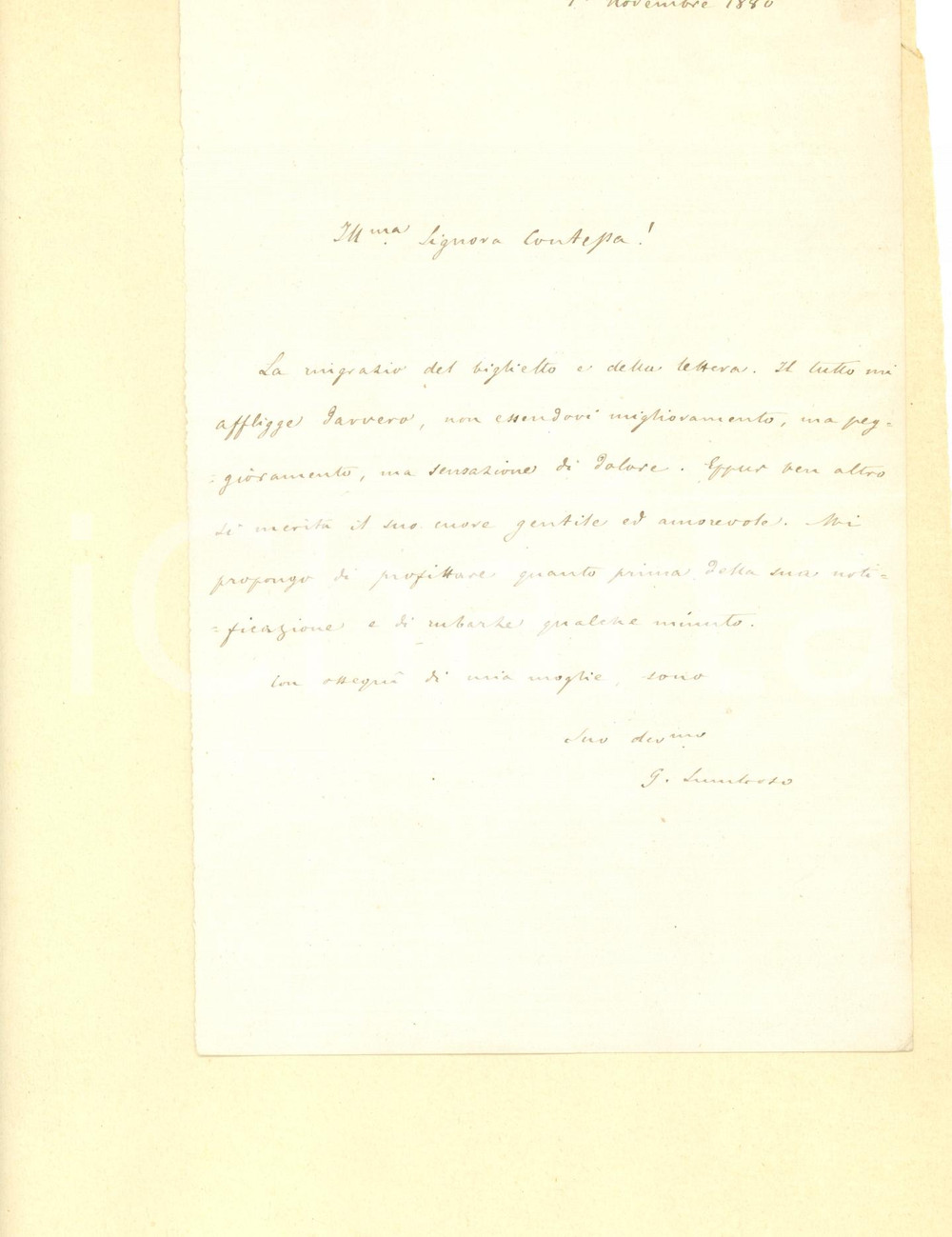 Autografo originale 1880 ROMA ? Giacomo LUMBROSO preoccupato per salute contessa Lettera AUTOGRAFA 1