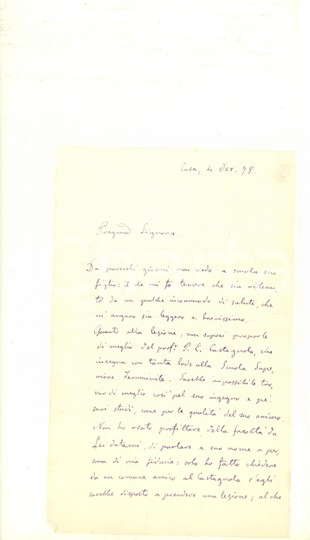 Autografo originale 1878 ROMA Poeta Domenico GNOLI preoccupato per alunno assente Lettera AUTOGRAFA 1