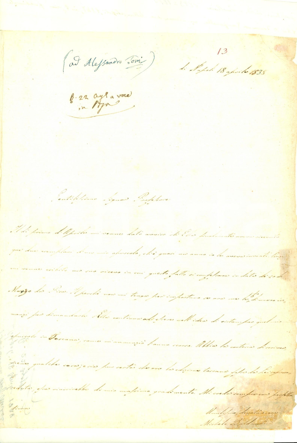 Autografo originale 1838 NAPOLI Edizione opera Michele BALDACCHINI in TOSCANA Lettera AUTOGRAFA 1