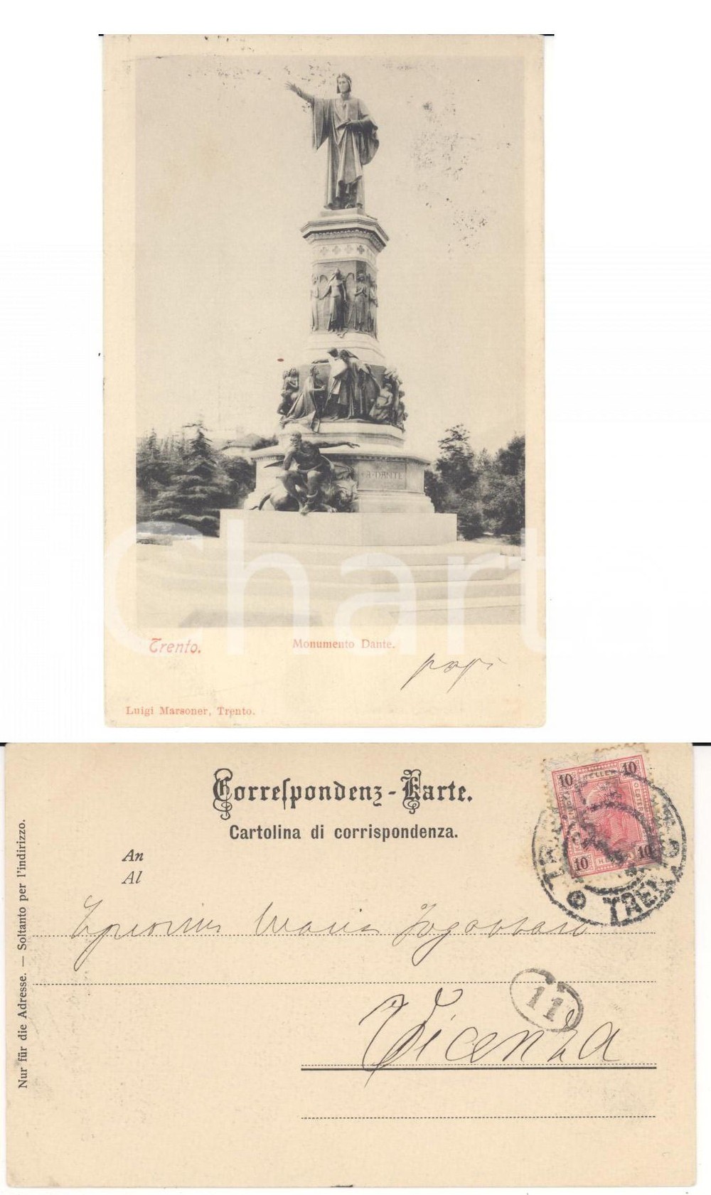 Autografo originale 1905 TRENTO Monumento DANTE Cartolina ANTONIO FOGAZZARO a figlia Maria AUTOGRAFO 1