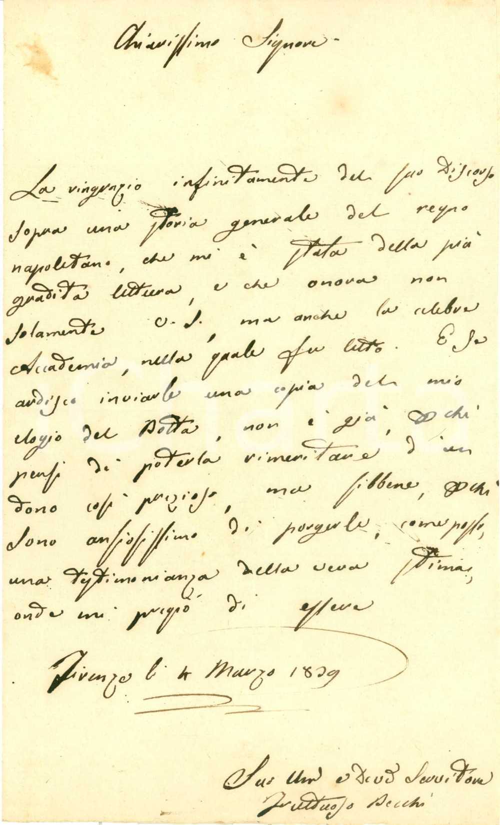 Autografo originale 1839 FIRENZE Fruttuso BECCHI ringrazia invio opera Accademia CRUSCA Autografo 1