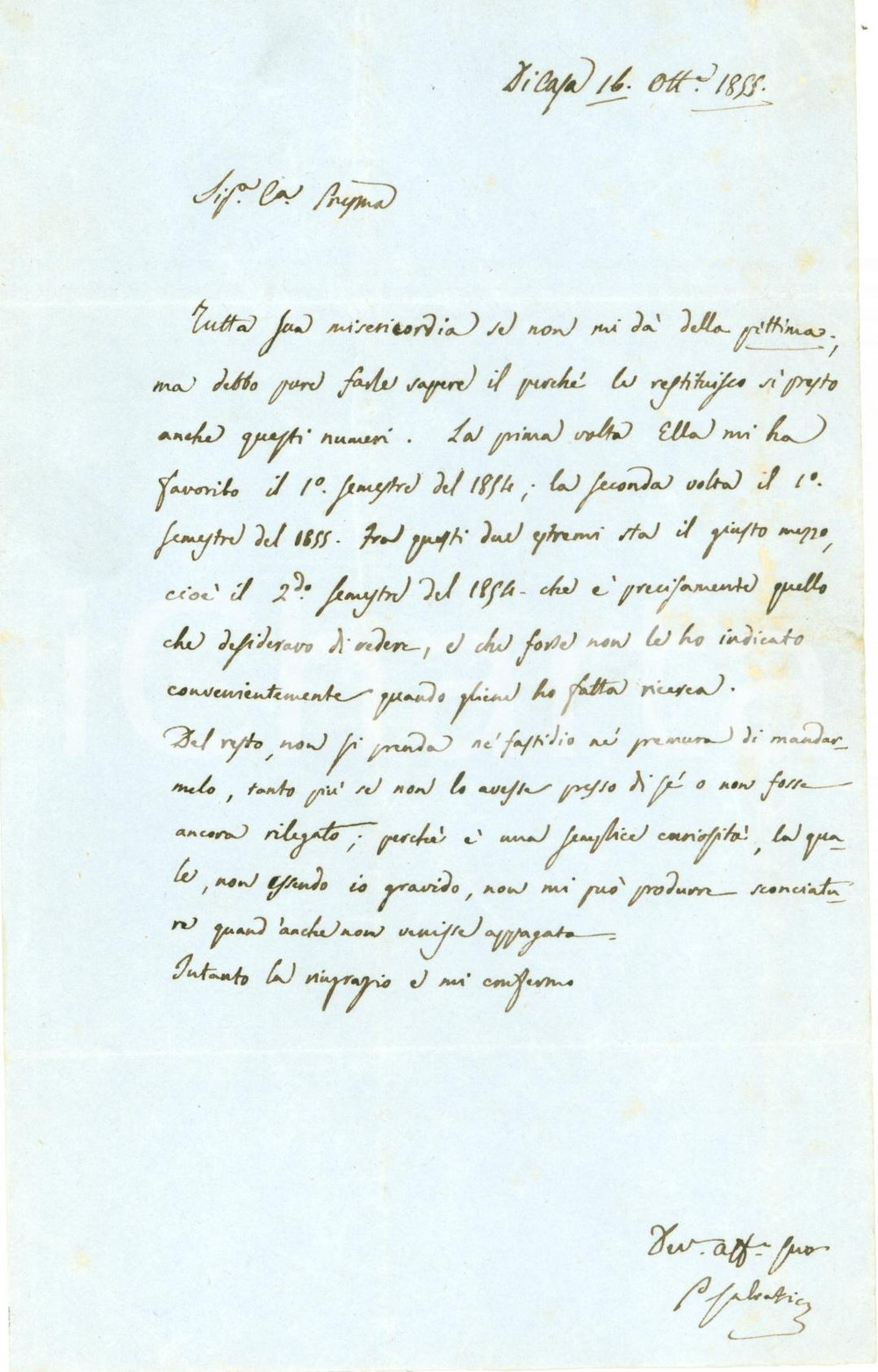 Autografo originale 1855 PIACENZA Pietro SALVATICO restituisce rivista non richiesta AUTOGRAFO 1