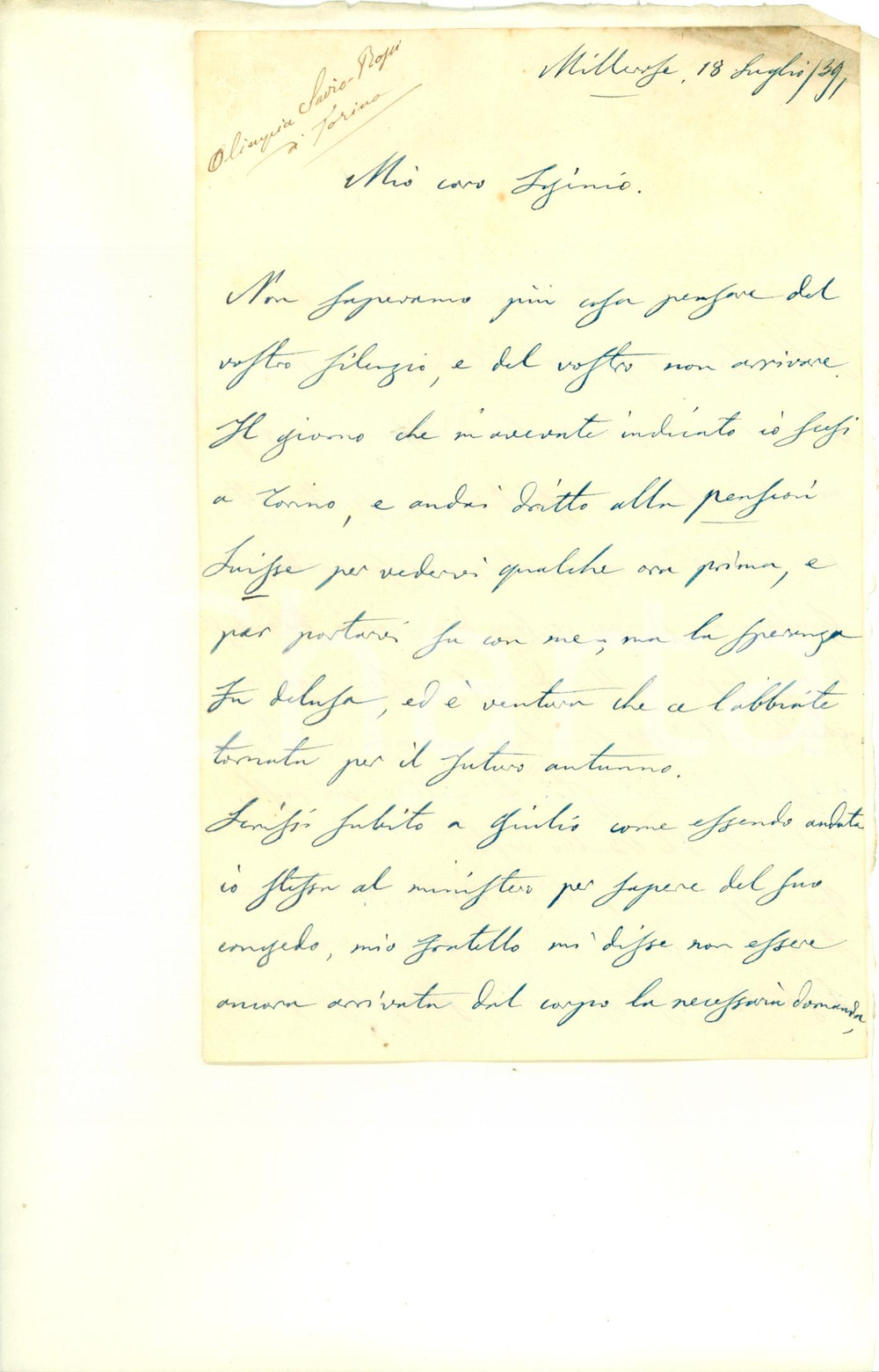 Autografo originale 1859 TORINO Olimpia SAVIOROSSI Unica speranza per ITALIA é l unità  Autografo 1