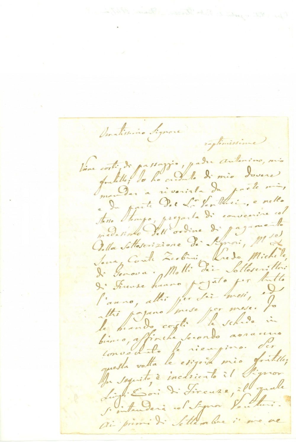 Autografo originale 1843 FIRENZE Letterato Francesco TRUCCHI prepara partenza per ROMA Autografo 1