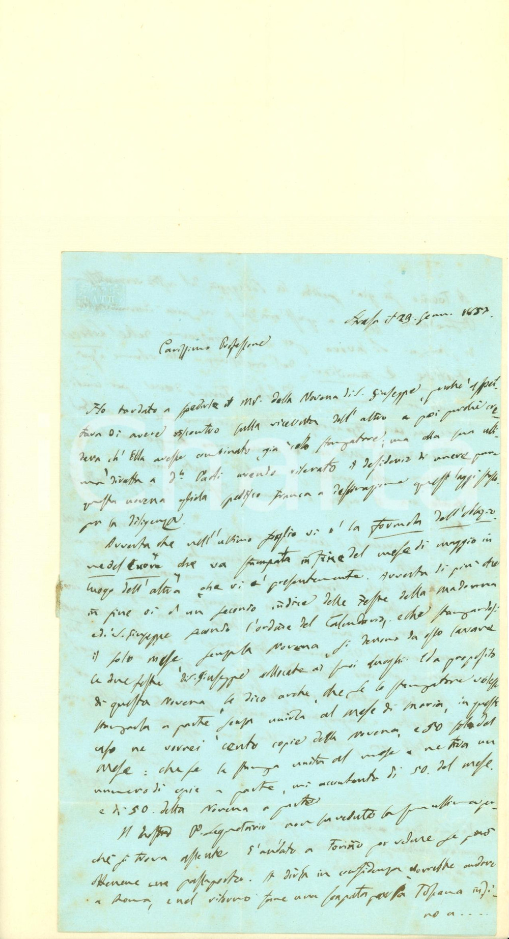 Autografo originale 1857 STRESA VB Vincenzo DE VIT sulla sua opera Novena SAN GIUSEPPE Autografo 1