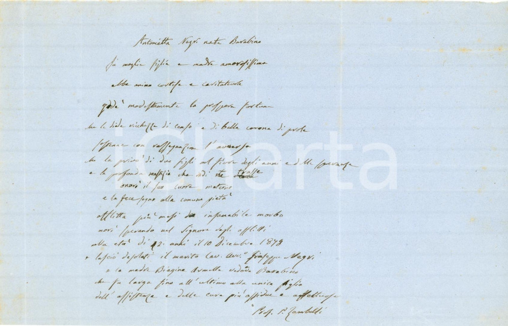 Autografo originale 1878 BRESCIA Epigrafe funebre Antonietta NEGRI Autografo Pietro ZAMBELLI 1