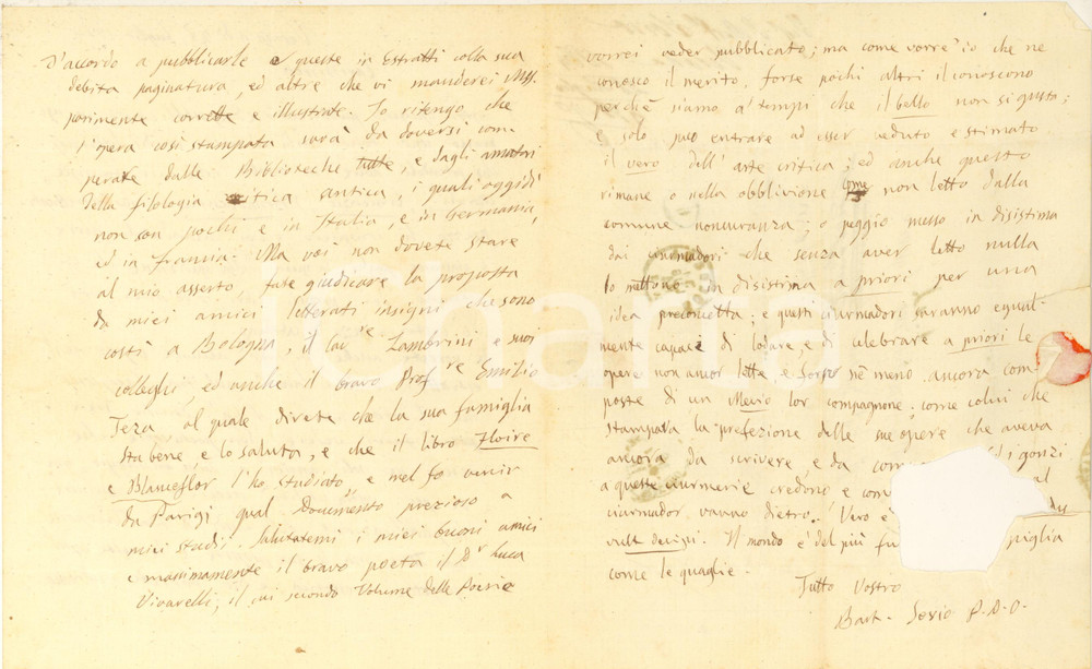 Autografo originale 1864 VERONA Bartolomeo SORIO Tempi duri per critica seria Autografo DANNEGGIATO 1