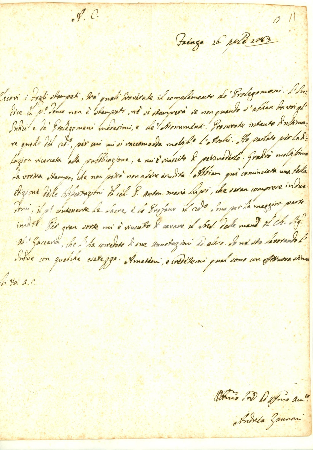 Autografo originale 1783 FAENZA RA Andrea ZANNONI prepara edizione di Antonio Maria LUPI Autografo 1