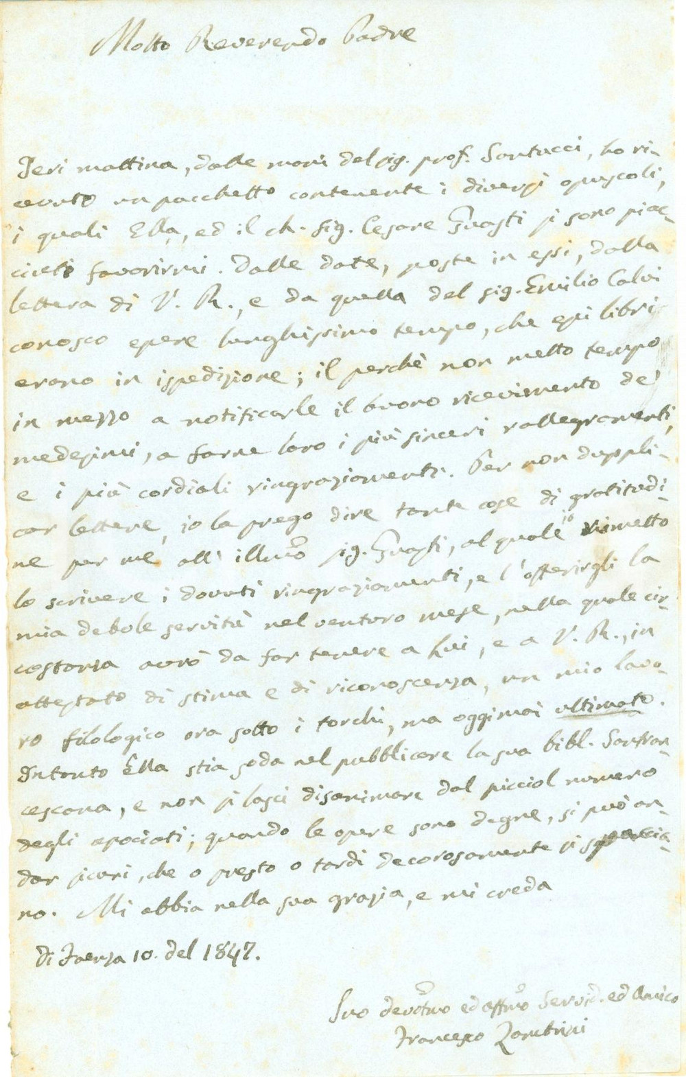 Autografo originale 1847 FAENZA RA Francesco ZAMBRINI ringrazia per invio opuscoli AUTOGRAFO 1
