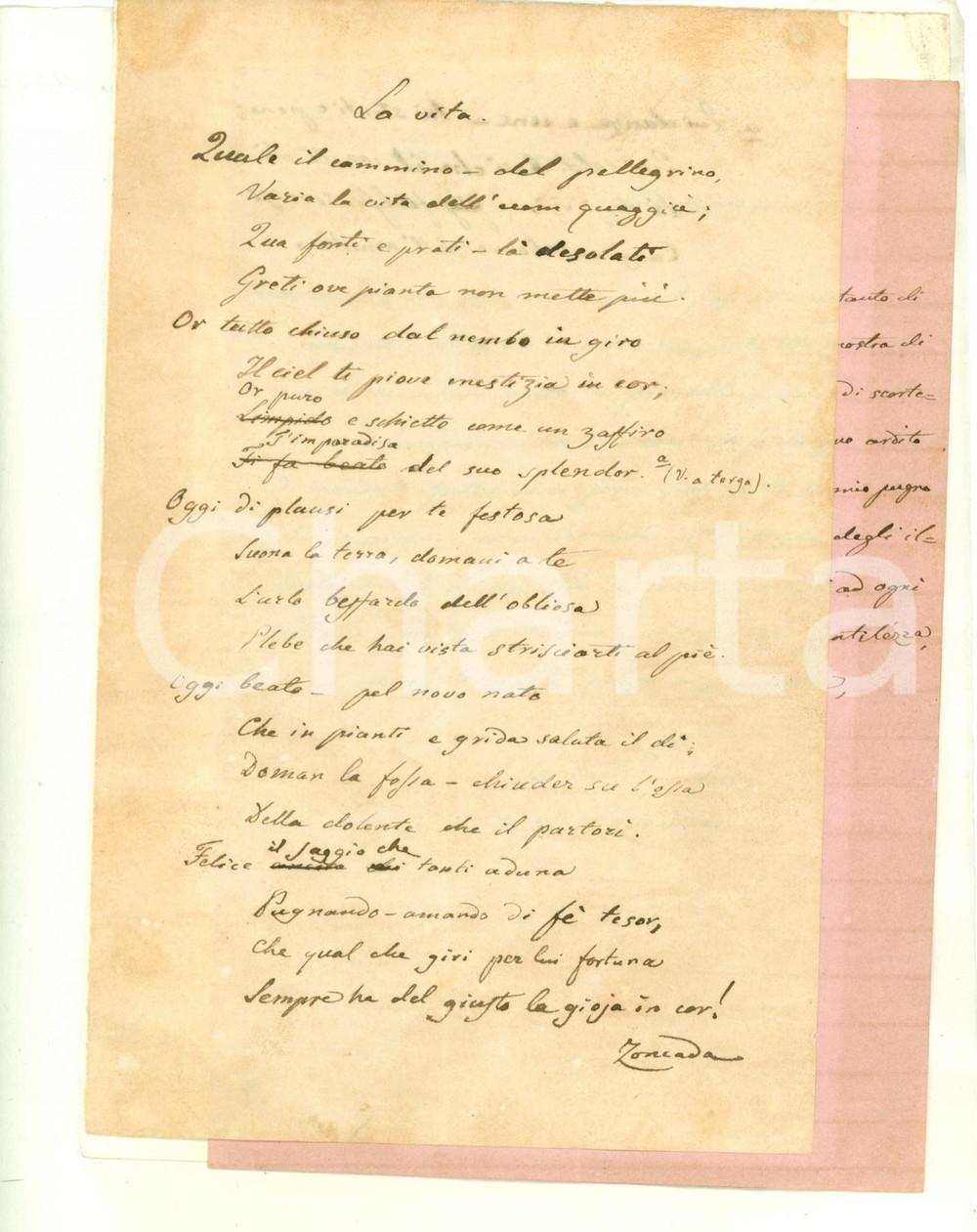 Autografo originale 1870 PAVIA Letterato Antonio ZONCADA invia poesia inedita Lotto due AUTOGRAFI 1