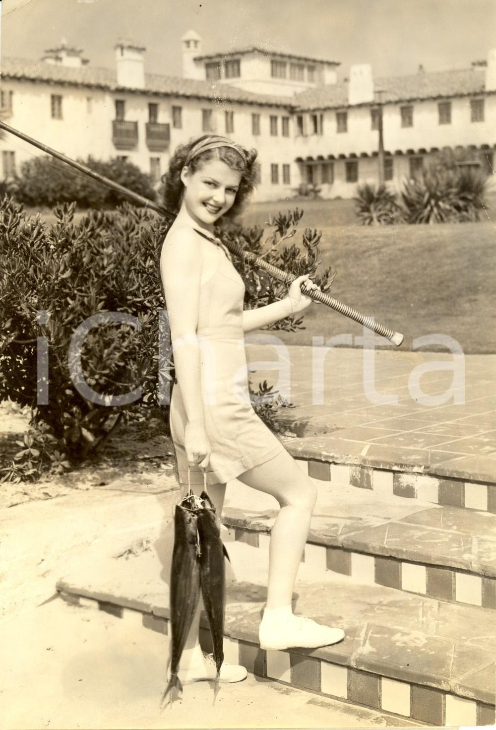 Fotografia d epoca originale 1935 ca USA CINEMA Pesca grossa per attrice Ann SHERIDAN Fotografia 1