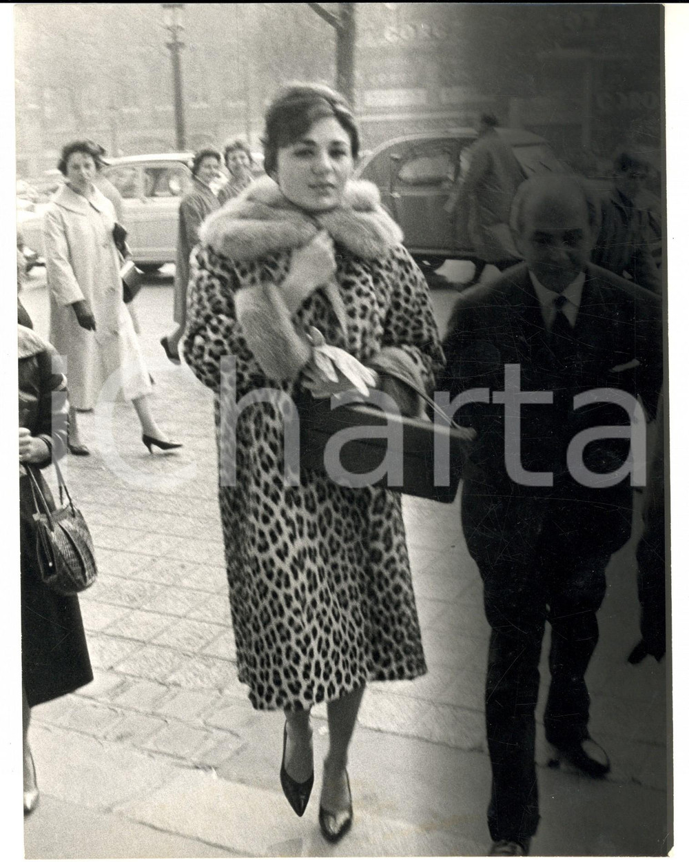 Fotografia d epoca originale 1960 ca ROMA Regina FARAH DIBA passeggia in pelliccia di ghepardo Foto 1
