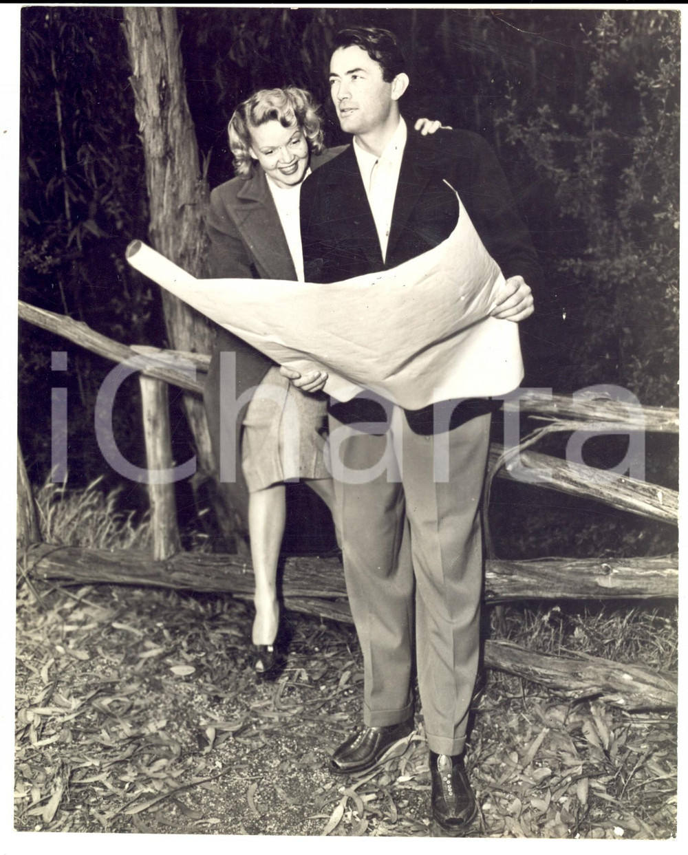 Fotografia d epoca originale 1950 ca s. l. Gregory PECK studia una mappa con la moglie Greta KONEN Foto 1