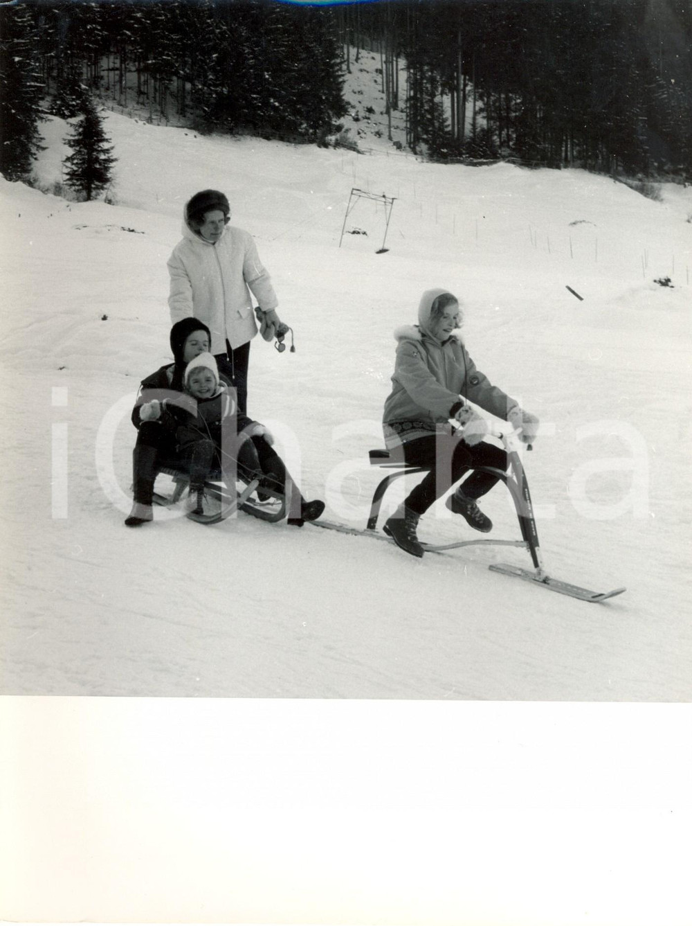 Fotografia d epoca originale 1965 ca TULFES AUSTRIA Famiglia di Otto VON HABSBURG sugli slittini Foto 1