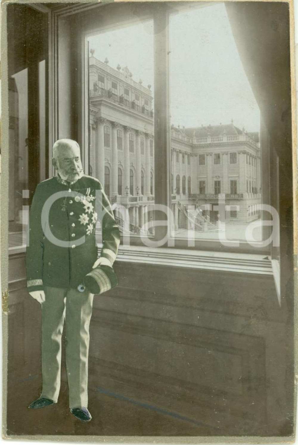 Fotografia d epoca originale 1915 ca WIEN AU Imperatore Francesco Giuseppe a SCHONBRUNN Fotomontaggio 1