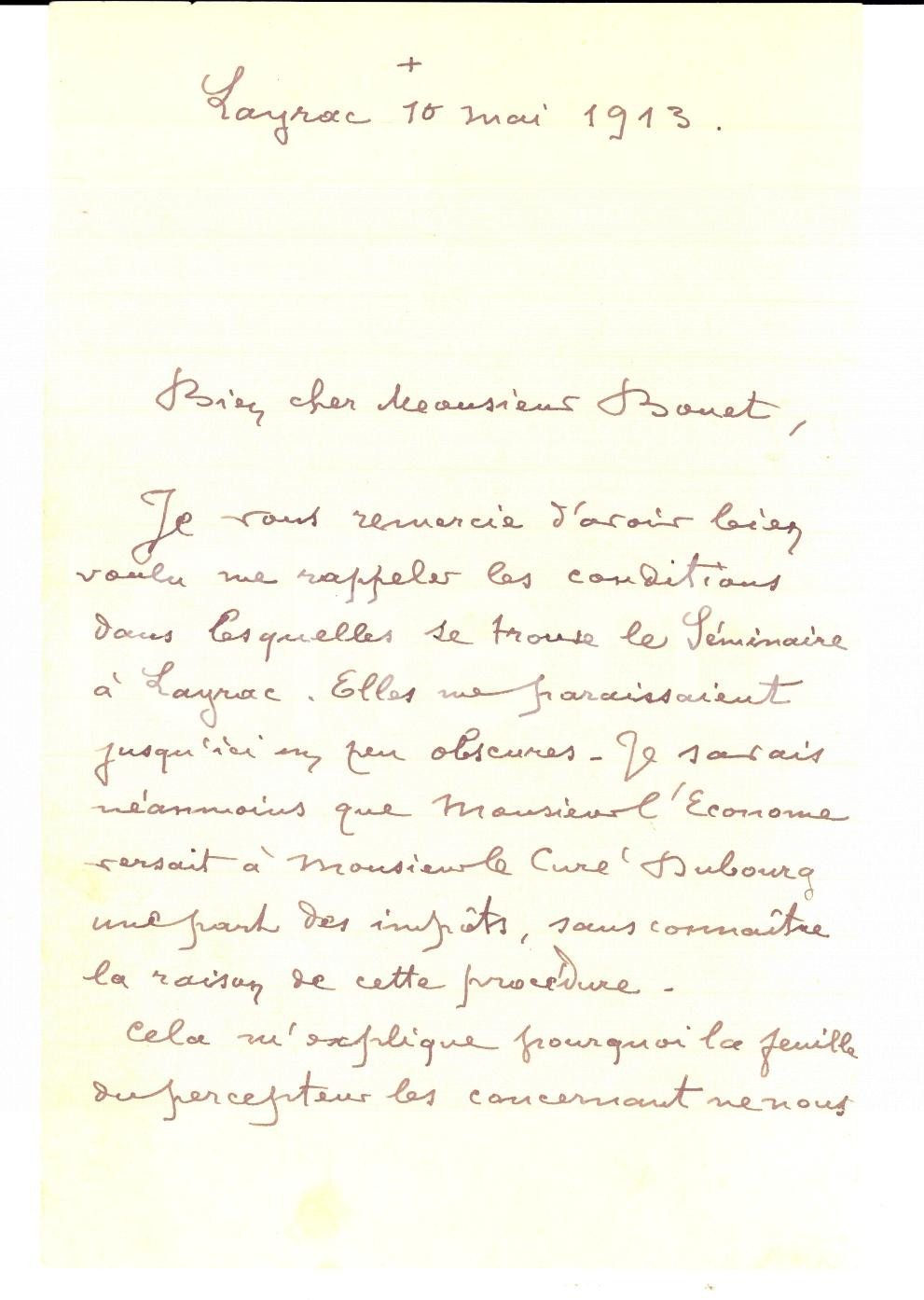 Manoscritto, lettera originale 1913 LAYRAC Padre BERT sulle tristi condizioni del Seminario Vescovile Lettera 1