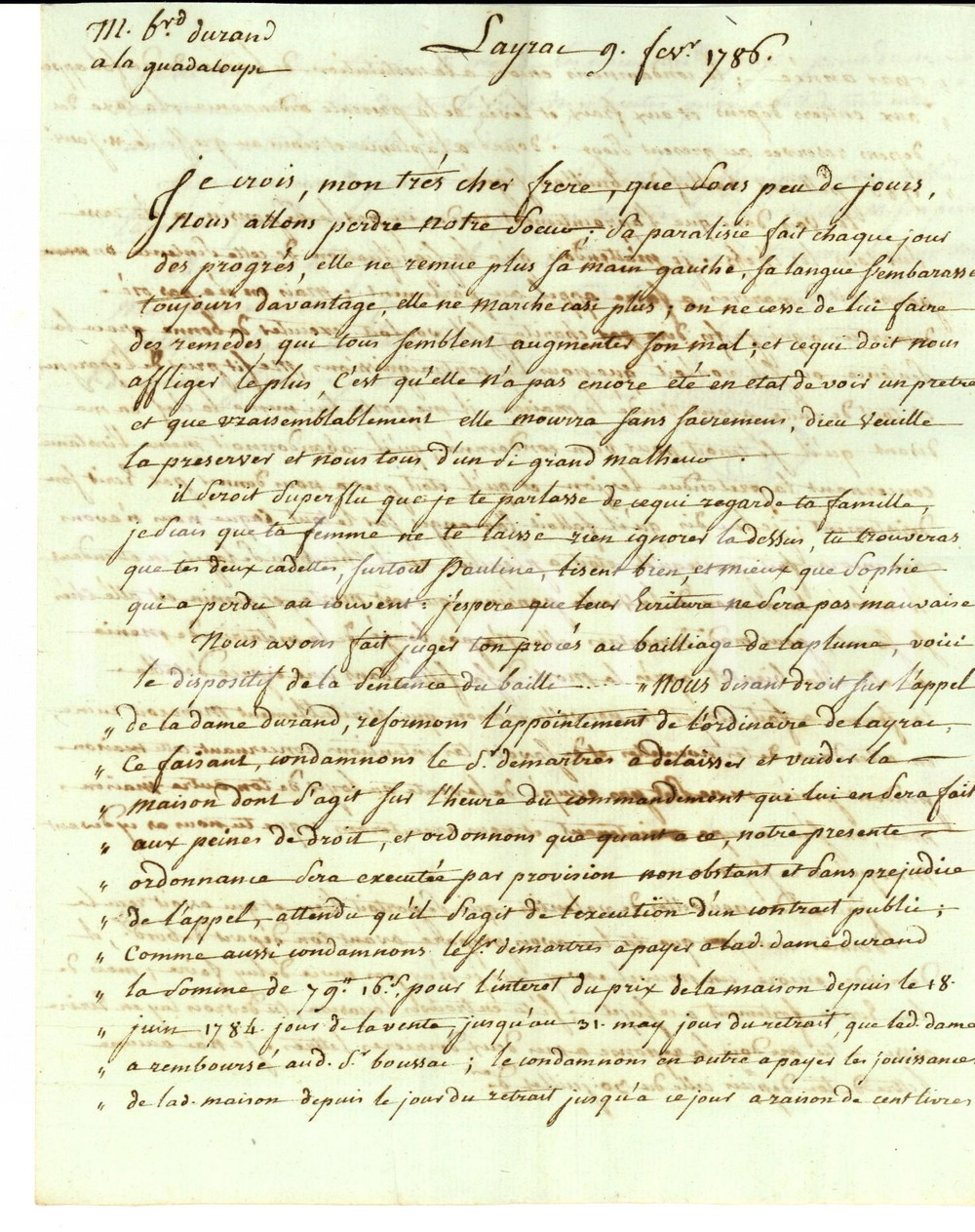 Manoscritto, lettera originale 1786 LAYRAC Bonaventure DURAND DE LAGRAVADE sulla prossima morte della sorella 1
