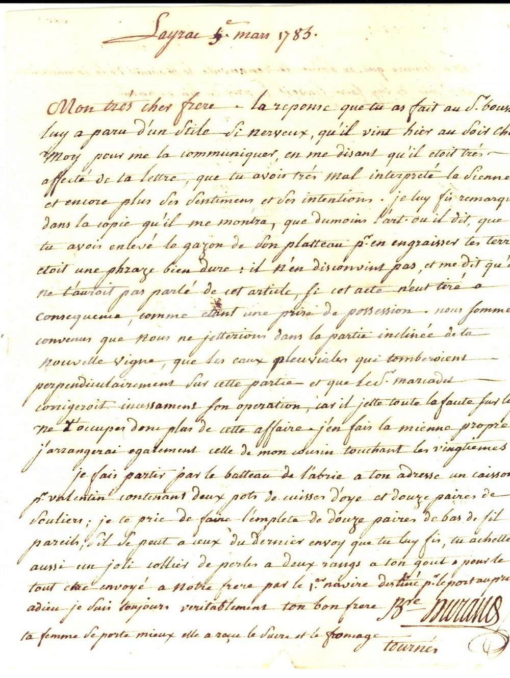 Manoscritto, lettera originale 1783 LAYRAC F Bonaventure DURAND DE LAGRAVADE rimprovera il fratello Bernard 1