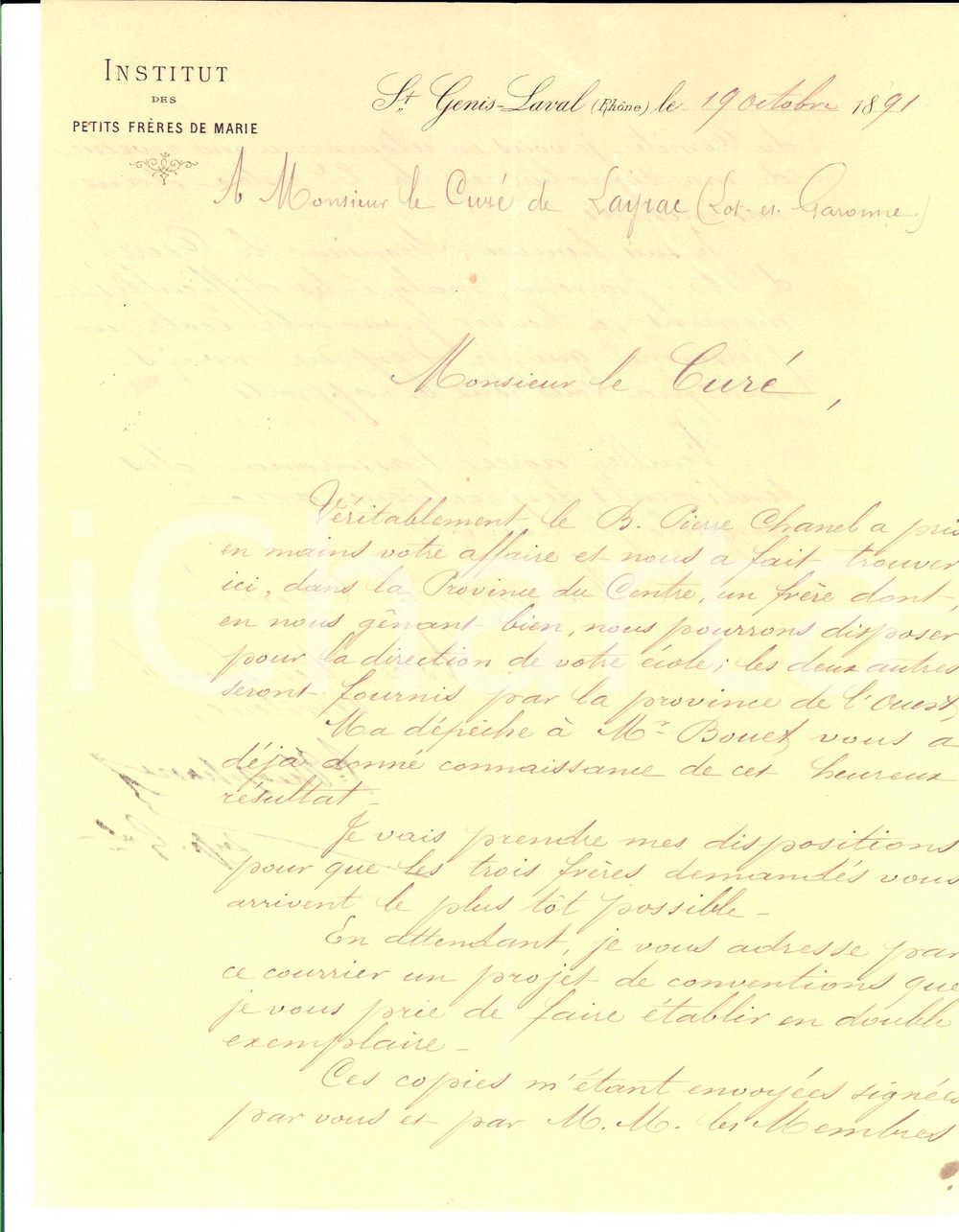 Autografo originale 1891 SAINT GENISLAVAL F Lettre pÃ¨re THEOPANE Institut Petits FrÃ¨res de Marie 1