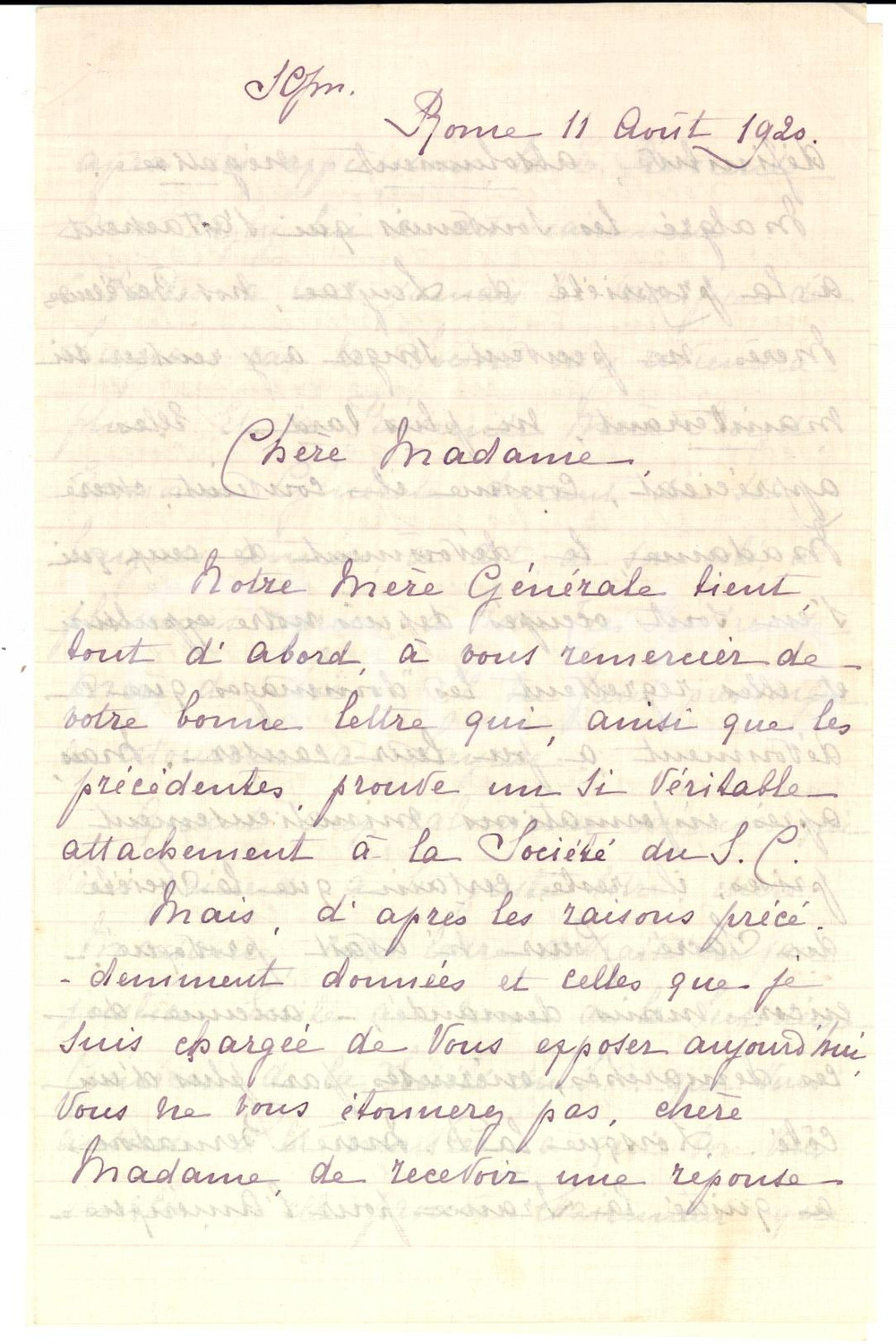 Manoscritto, lettera originale 1920 ROME Soeurs Servantes SACRECOEUR jamais Ã  LAYRAC Autographe DU PASSAGE 1