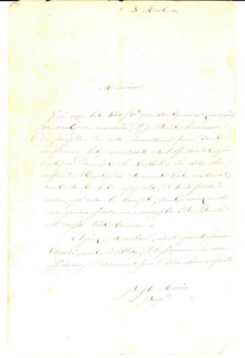 Manoscritto, lettera originale 1860 BORDEAUX DAMES DE LA FOI Suor HIPPOLYTE al padre di un allieva Autografo 1