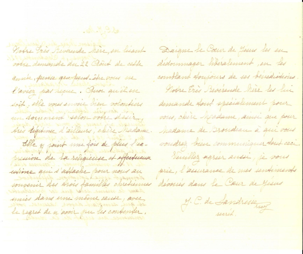 Autografo originale 1921 ROMA Casa Madre del SACRO CUORE Suor Juliette CLERC DE LANDRESSE Autografo 1