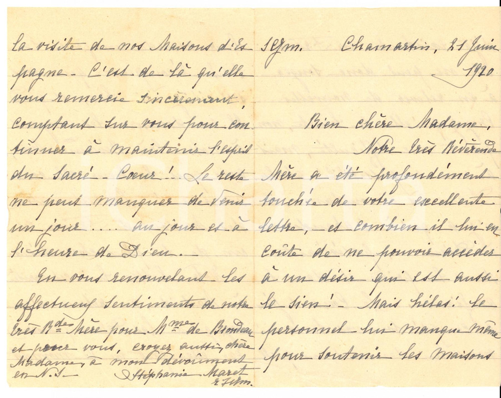 Autografo originale 1920 CHAMARTIN ESPANA Suor StÃ©phanie MARET sui monasteri in Francia AUTOGRAFO 1