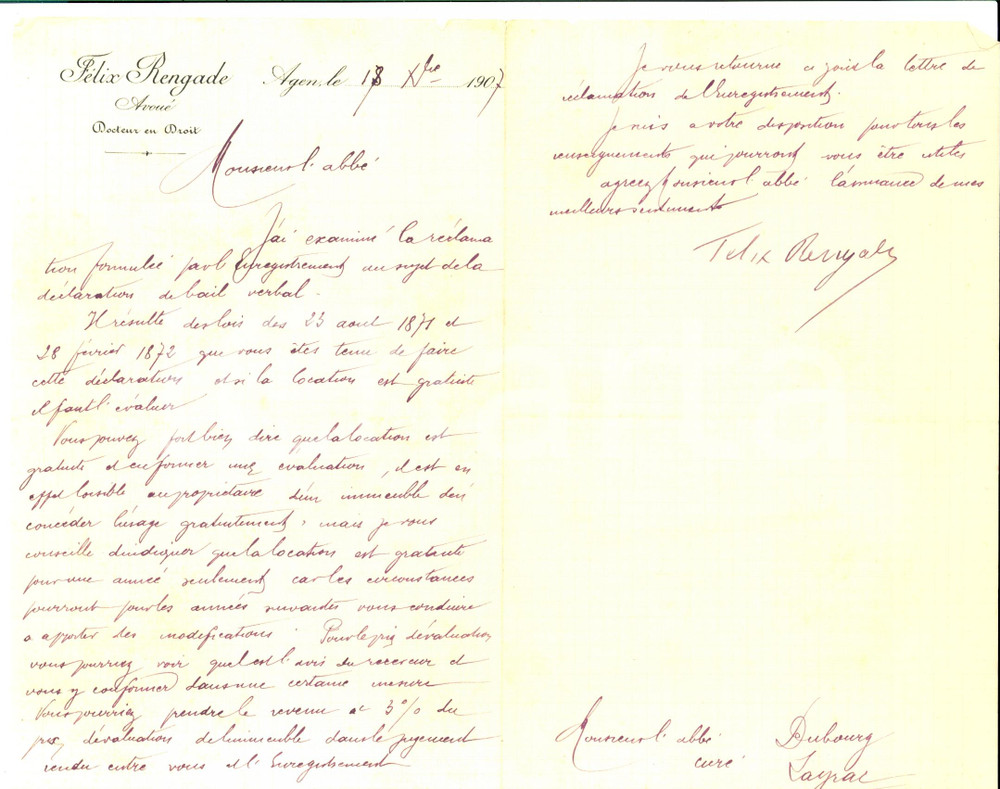 Manoscritto, lettera originale 1907 AGEN F AvouÃ© Felix RENGADE sur location gratuite abbÃ© DUBOURG AUTOGRAPHE 1