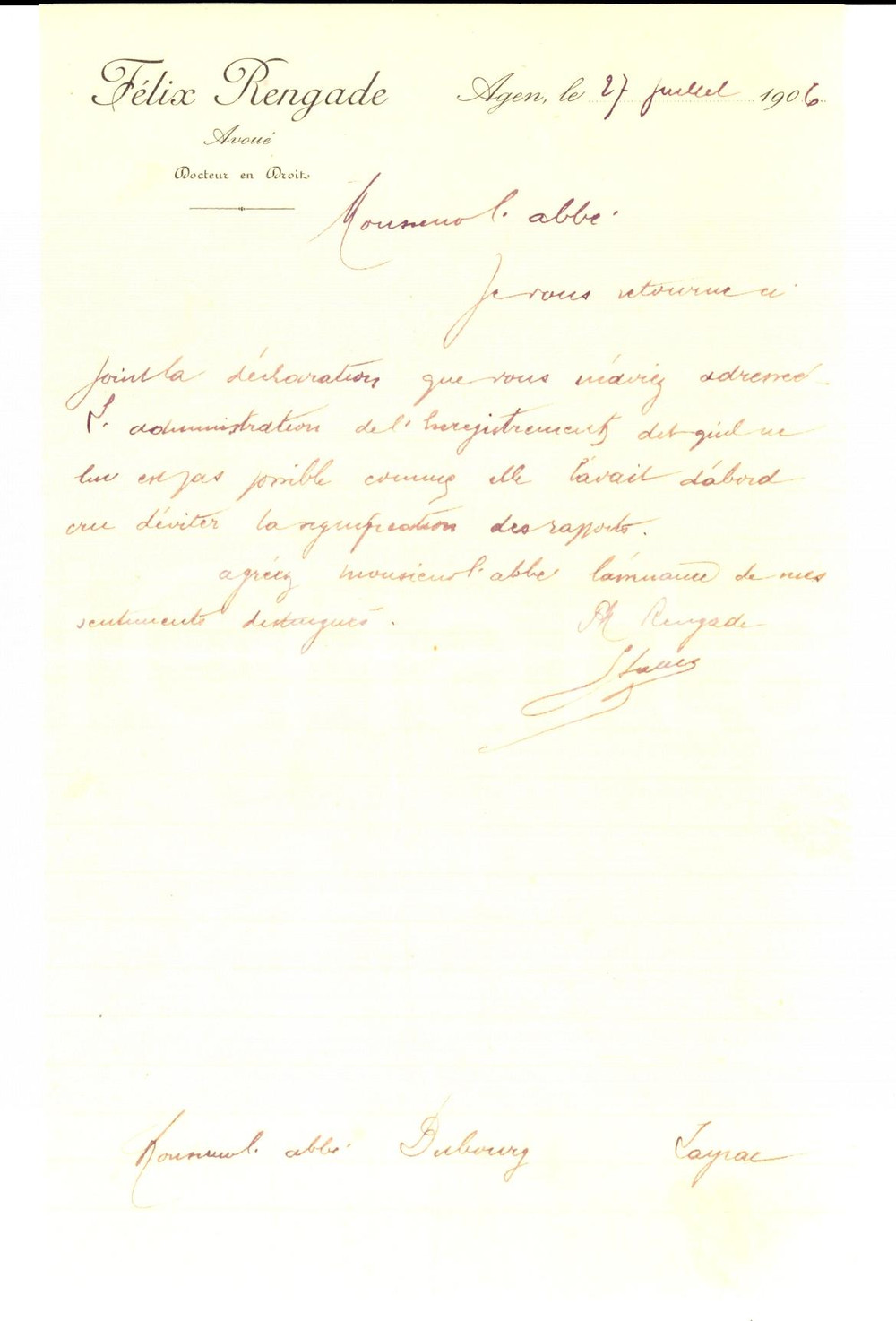 Manoscritto, lettera originale 1906 AGEN F AvouÃ© Felix RENGADE travaille pour abbÃ© Paul DUBOURG AUTOGRAPHE 1