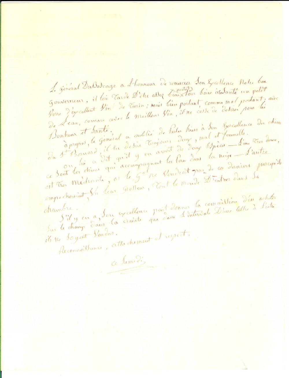 Autografo originale 1834 NIZZA Marchese GUILLAMANCHES DU BOSCAGE cerca cani SAN BERNARDO Autografo 1