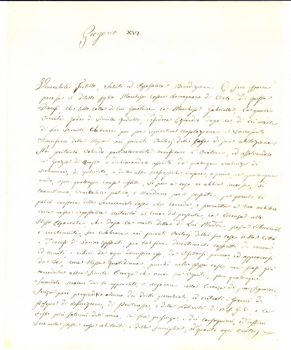 Autografo originale 1838 VIRLE PIEMONTE GREGORIO XVI al marchese Cesare ROMAGNANO per Messe private 1