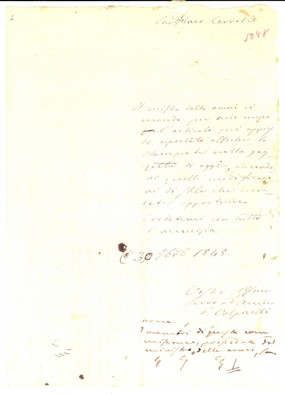 Autografo originale 1848 ROMA Paolo VOLPICELLI a CERRATI pro Ministro delle Armi AUTOGRAFO 1