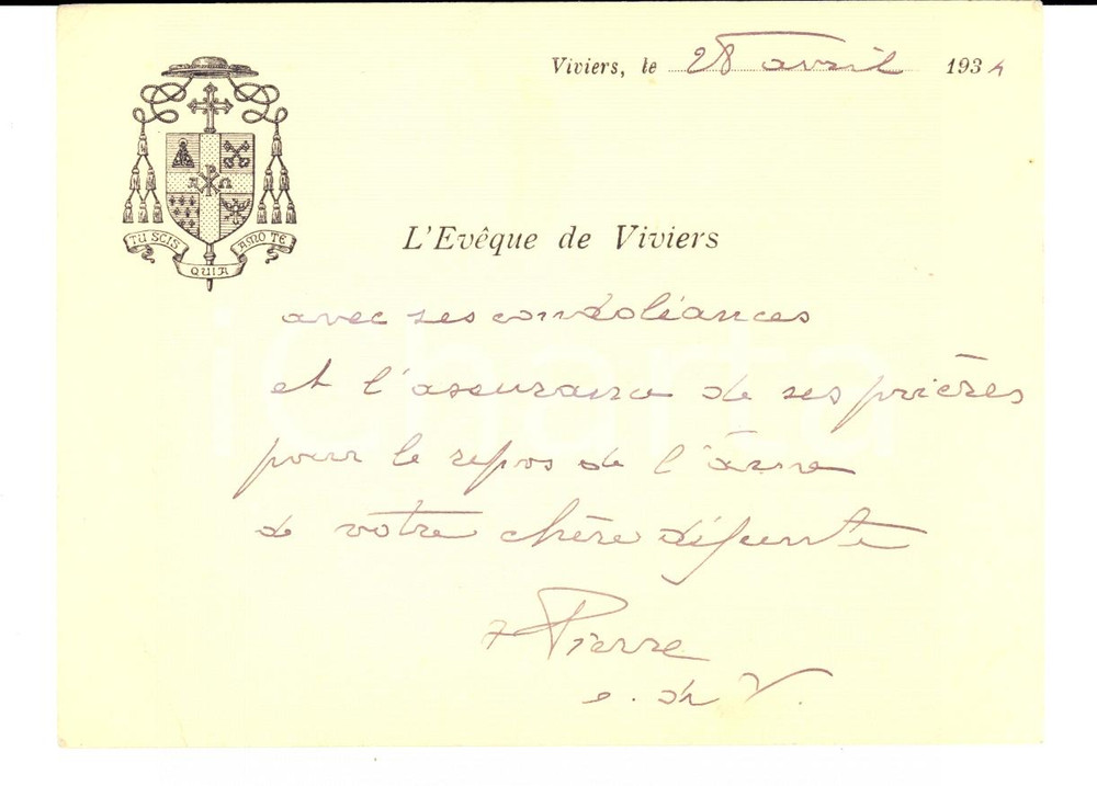 Autografo originale 1934 VIVIERS F CondolÃ©ances Ã©vÃªque PierreMarie DURIEUX AUTOGRAPHE 1
