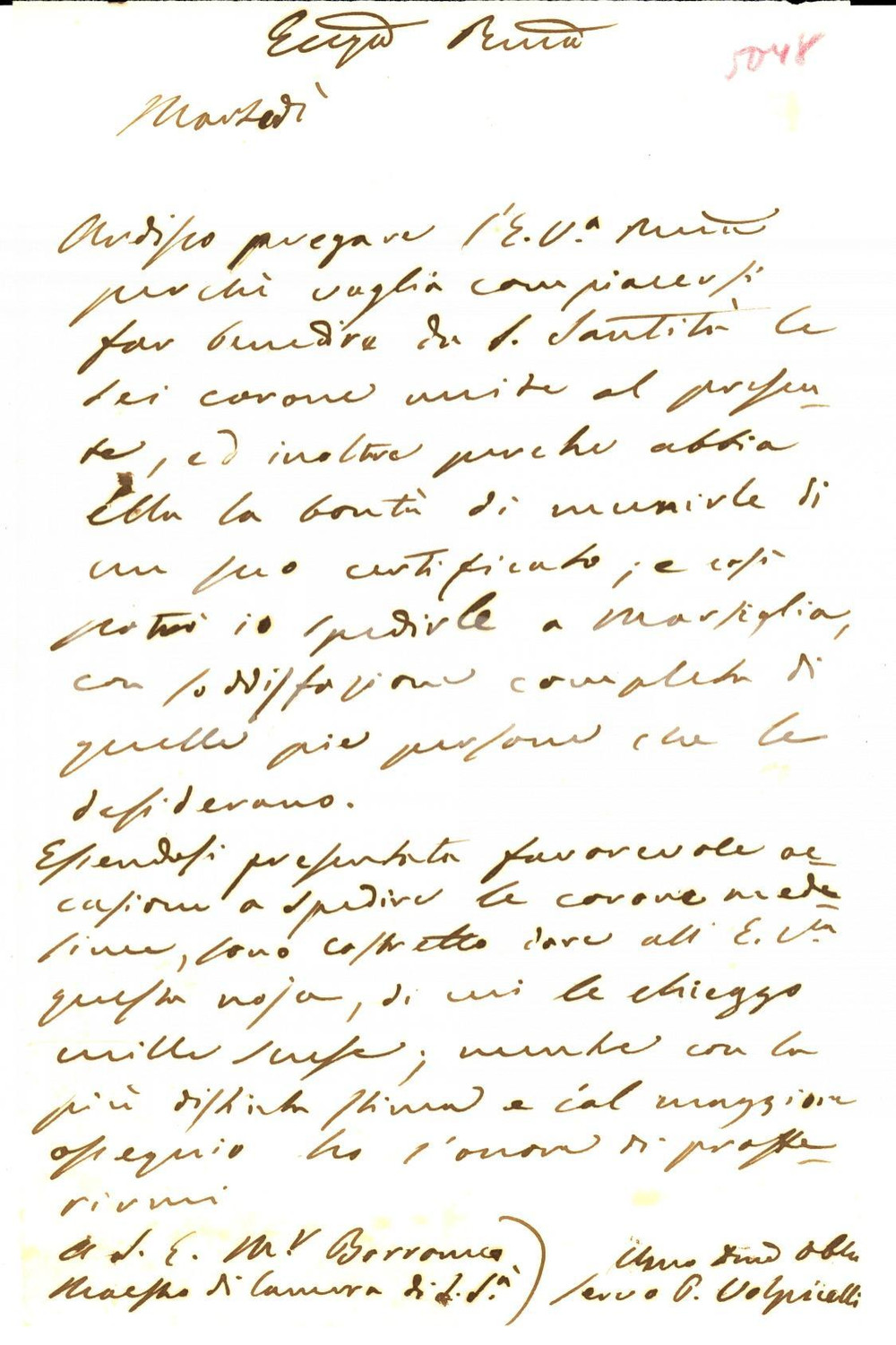 Autografo originale 1848 ROMA Paolo VOLPICELLI chiede benedizione corone a papa PIO IX AUTOGRAFO 1