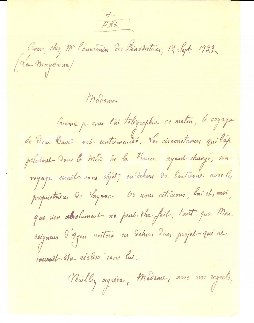 Autografo originale 1922 Abbaye SAINTWANDRILLE AbbÃ© JeanLouis PIERDAIT renonce Ã  voyage AUTOGRAPHE 1