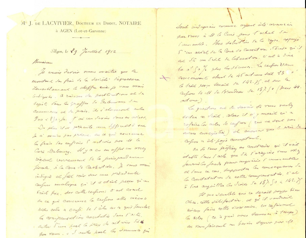 Manoscritto, lettera originale 1912 AGEN F Lettre Joseph de LACVIVIER magistrat et notaire AUTOGRAPHE 1