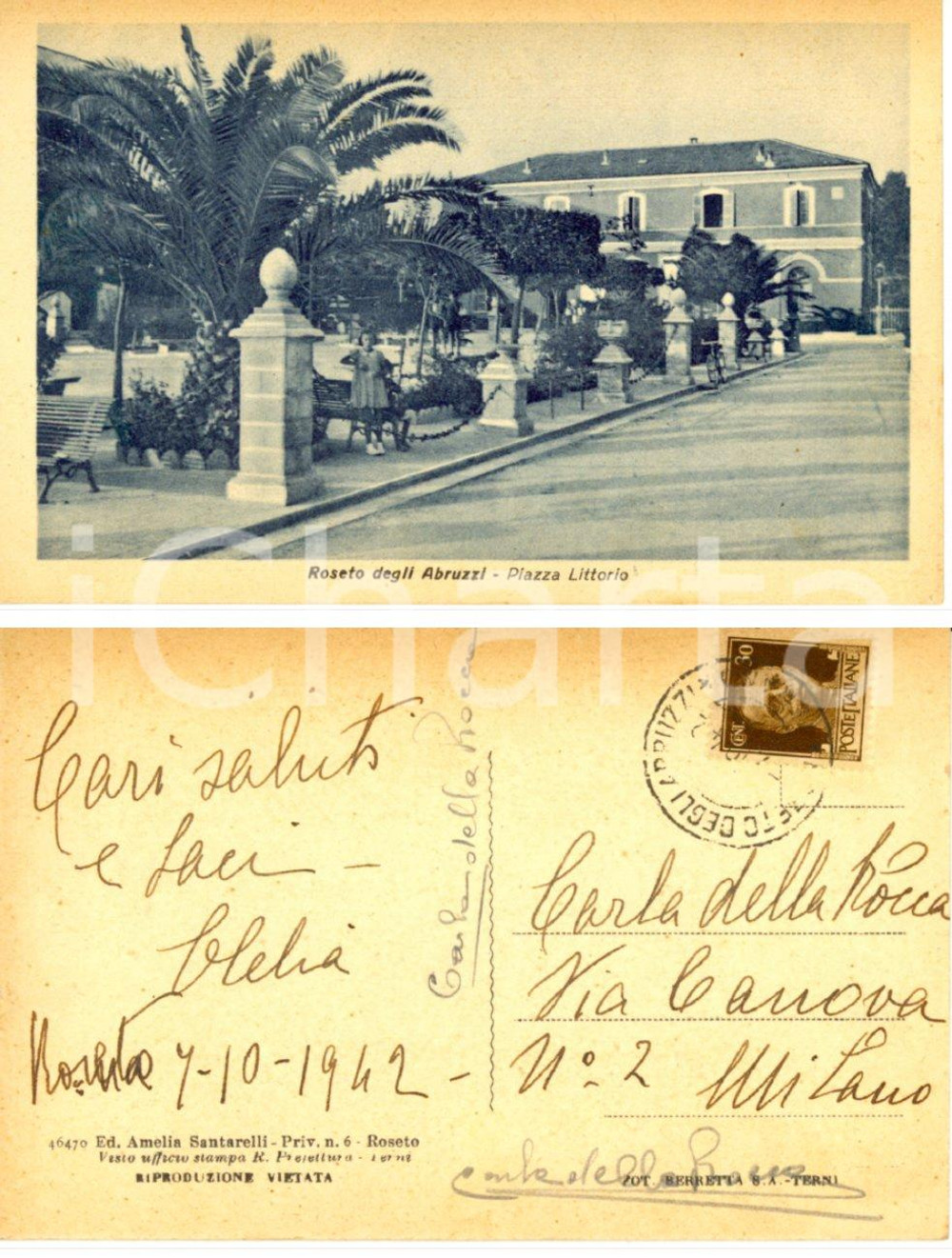 Cartolina originale da collezione 1942 ROSETO DEGLI ABRUZZI TE Piazza Littorio Cartolina a Carla DELLA ROCCA 1