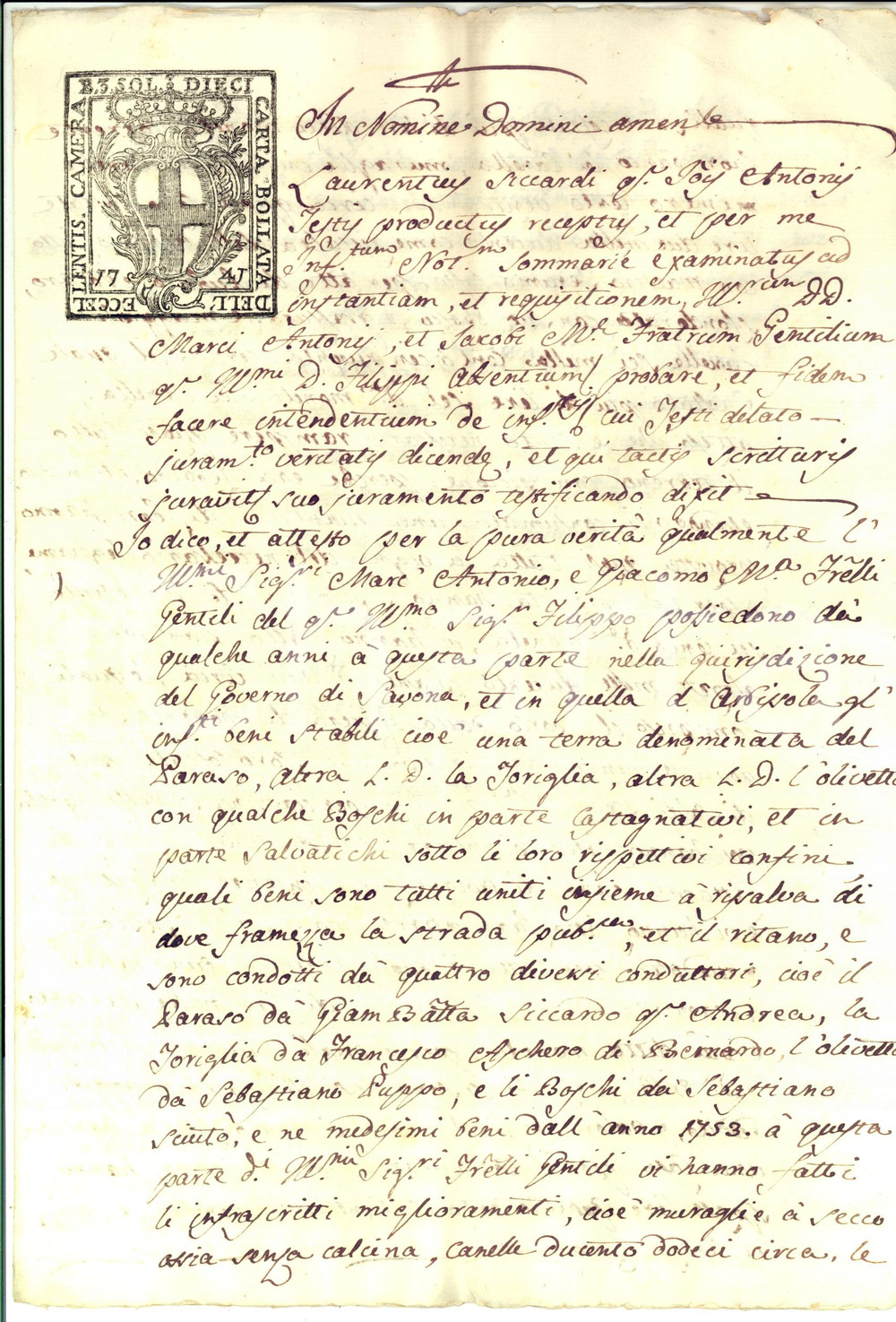 Documento originale, autentico 1763 ALBISSOLA MARINA SV Terreni Marc Antonio e Giacomo GENTILE Carta bollata 1